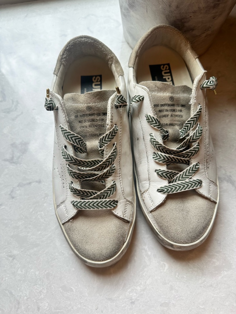 Golden Goose White Leather Sneakers with Green-Trim Chevron Laces